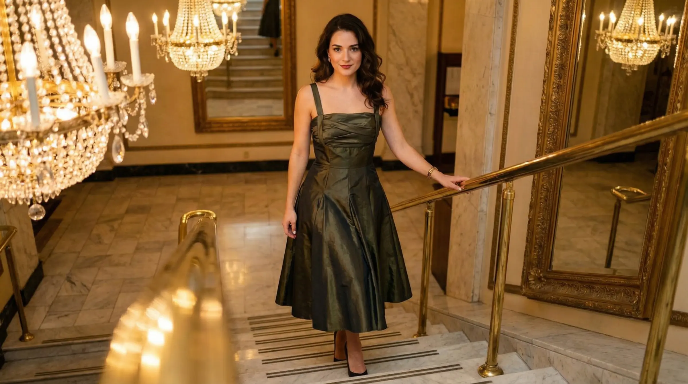 Una mujer con el vestido Impératrice Élisabeth sube la escalera de mármol de un hotel clásico, entre lámparas de cristal